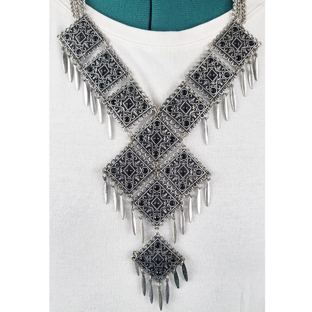 Silver & Black Statement Bib Necklace